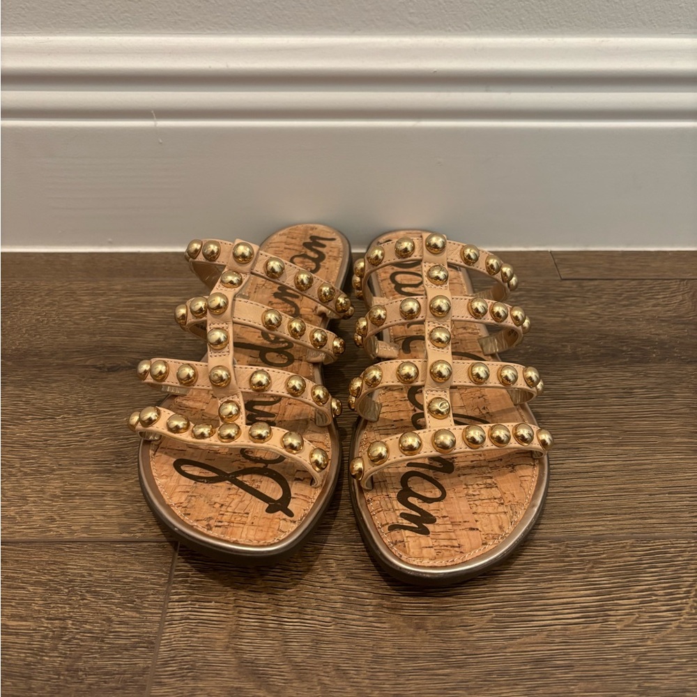 Sam Edelman Glenn Sandal Slide Studded Leather Gold Open Toe Slip On